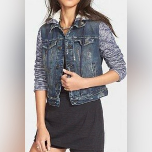 Free People dark wash/black distressed denim knit jacket Sz XS EUC - Picture 3 of 9